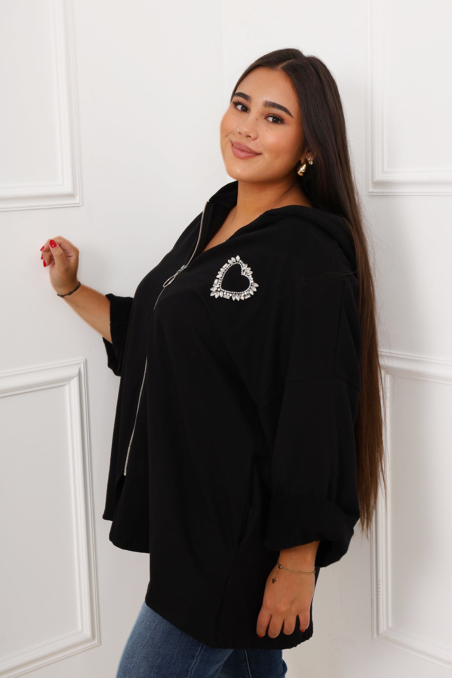 Veste zippée cœur strass pour femme pulpeuse