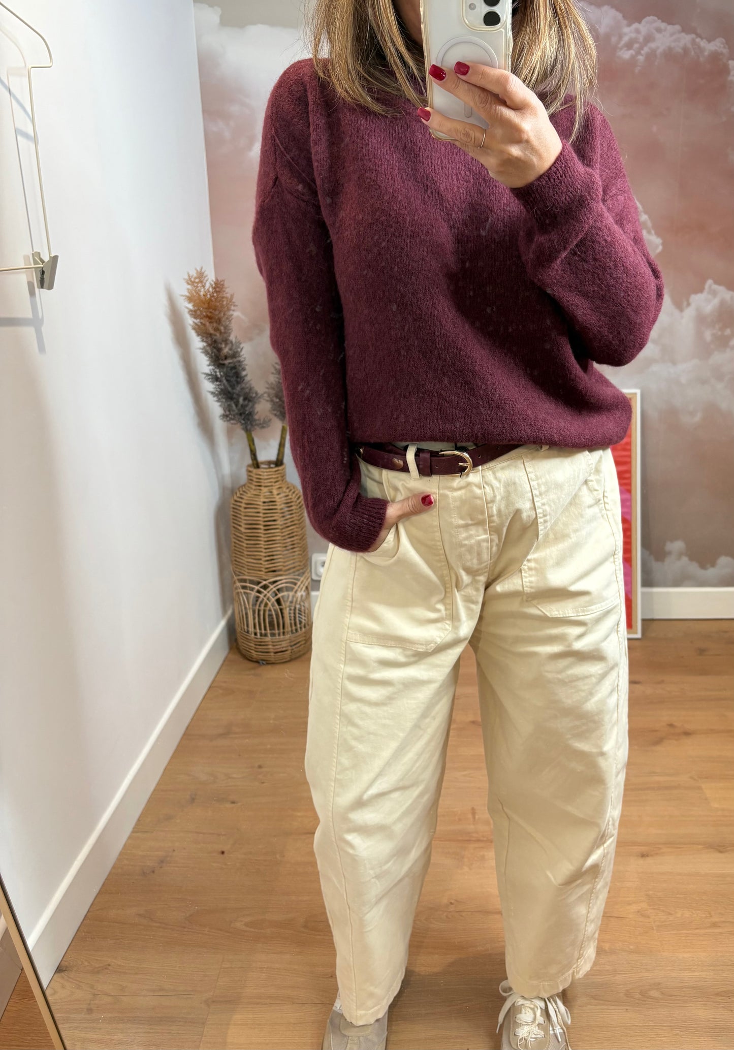 PULL COL ROND MANCHES LONGUES BORDEAUX