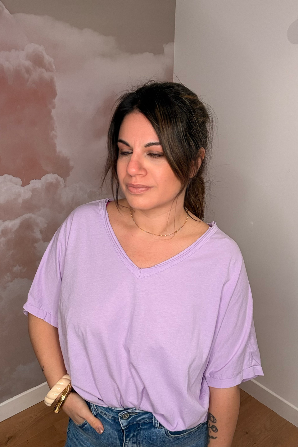 T-SHIRT ROMEO COL V LILAS