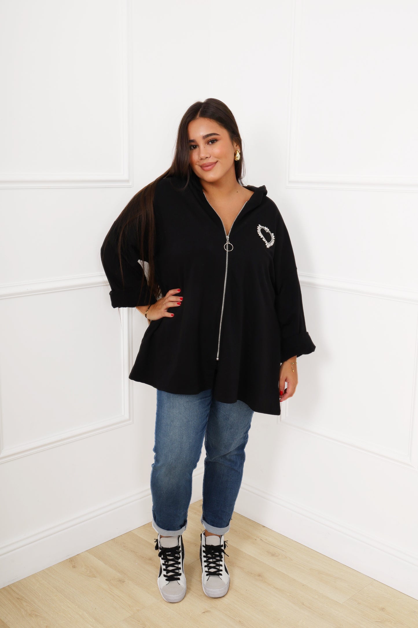 Veste zippée cœur strass pour femme pulpeuse