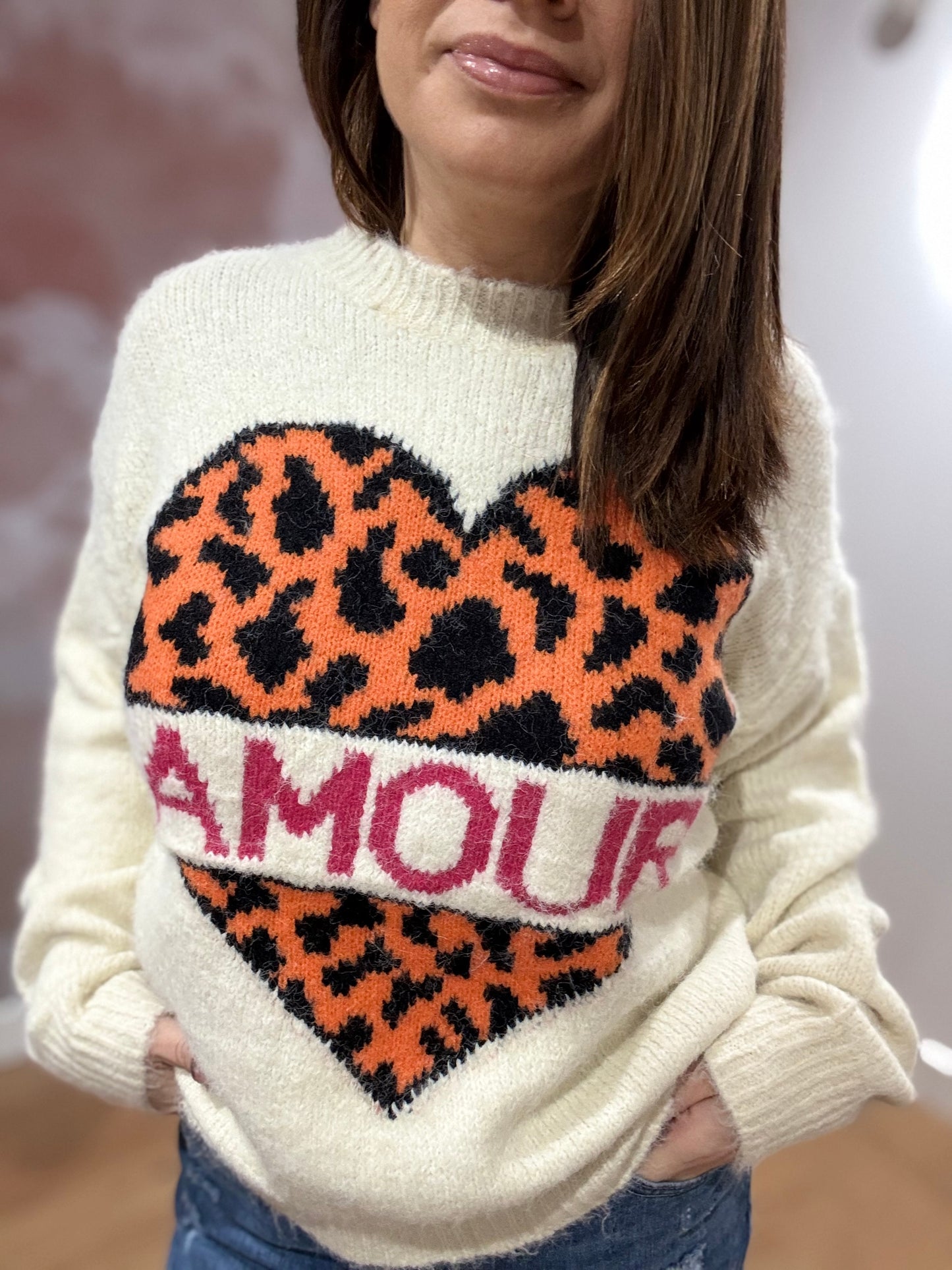 PULL MOTIF LEOPARD AMOUR EN LAINE