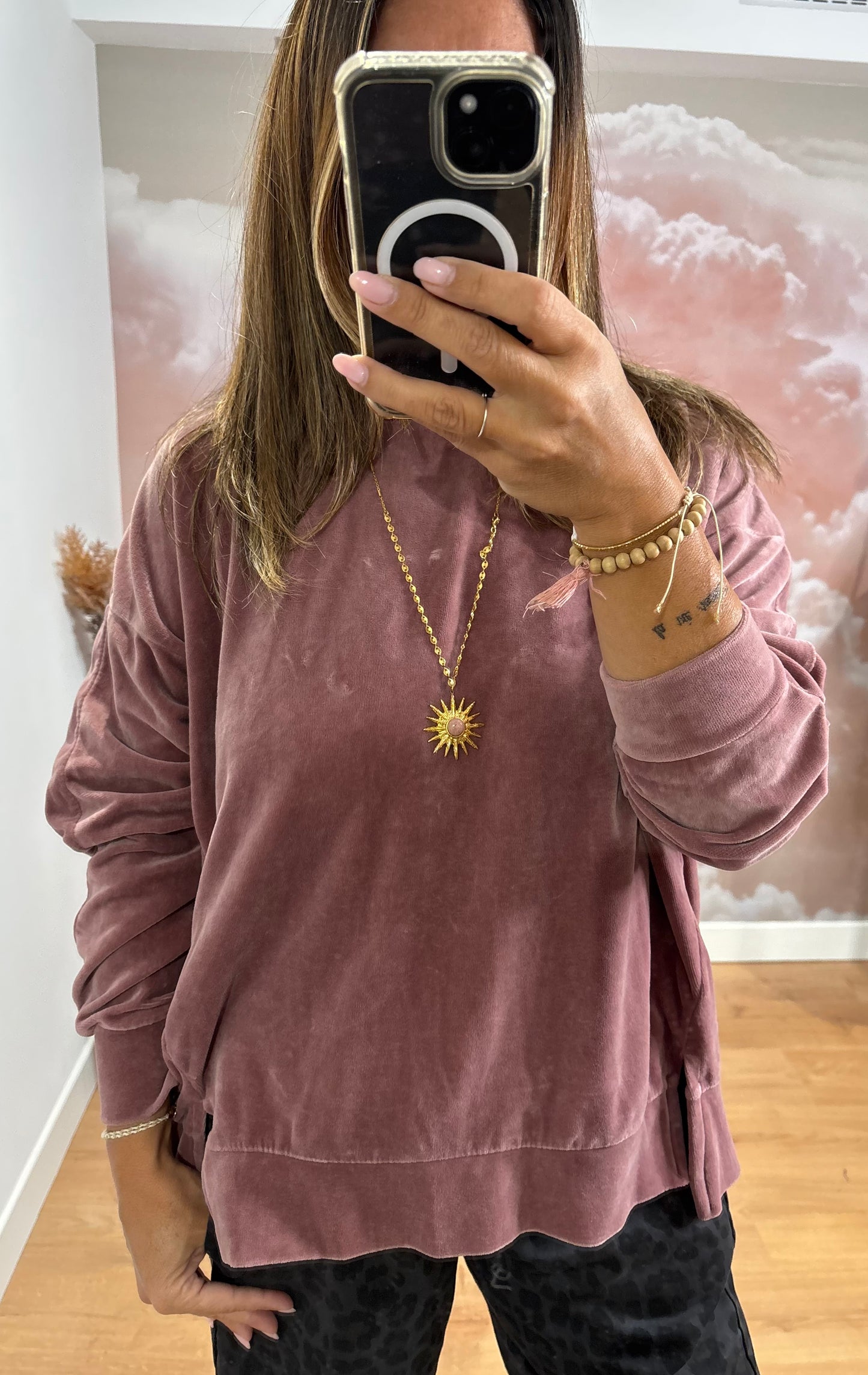 SWEAT VELOURS VIEUX ROSE