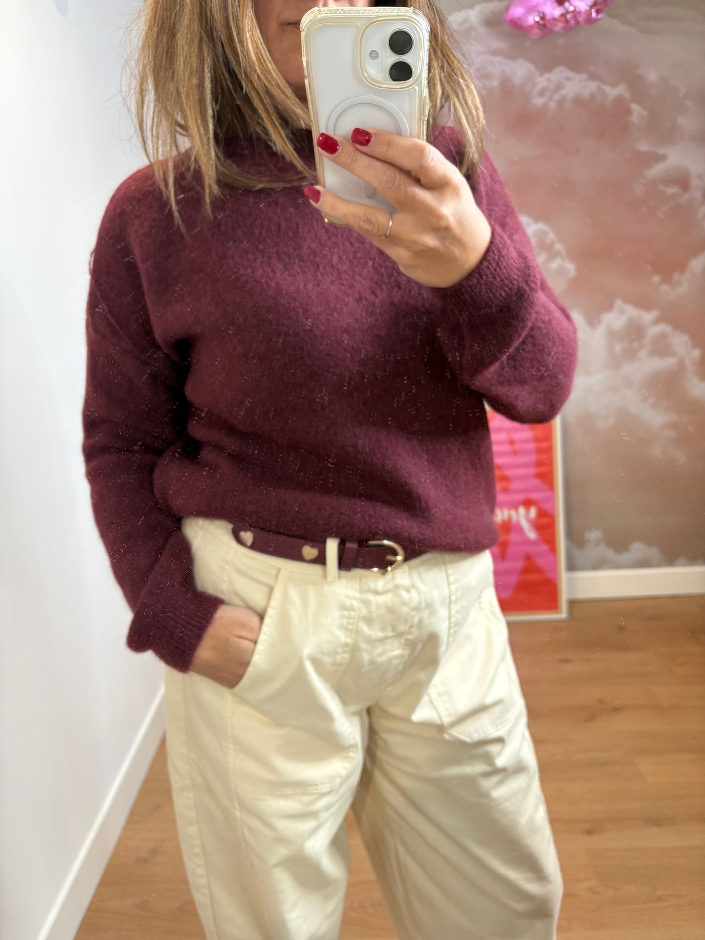 PULL COL ROND MANCHES LONGUES BORDEAUX