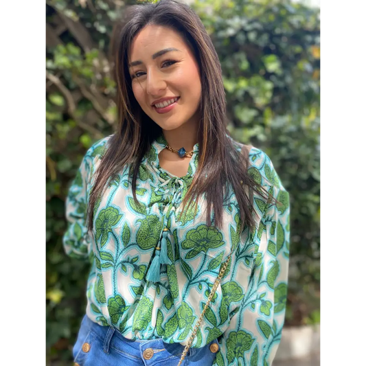 Chemise Tunique Fluide Vert à Manches Longues Col Mao - Chemise