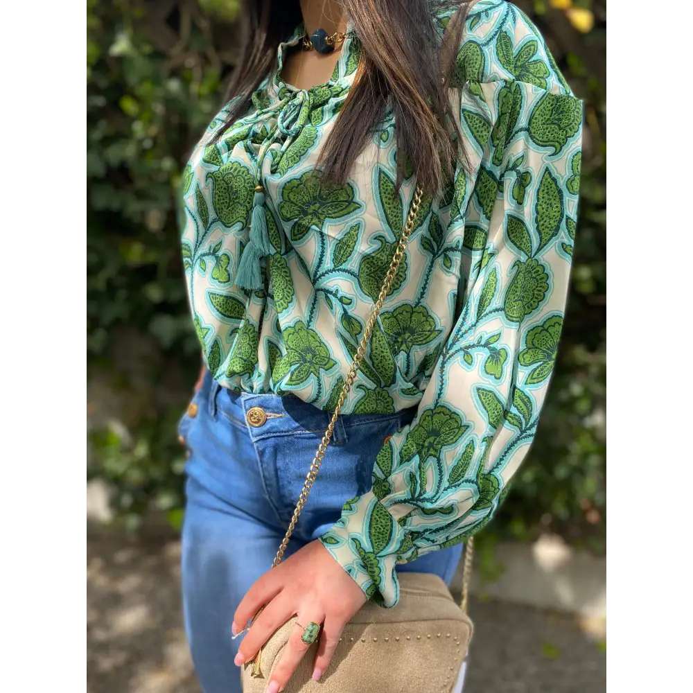 Chemise Tunique Fluide Vert à Manches Longues Col Mao - Chemise