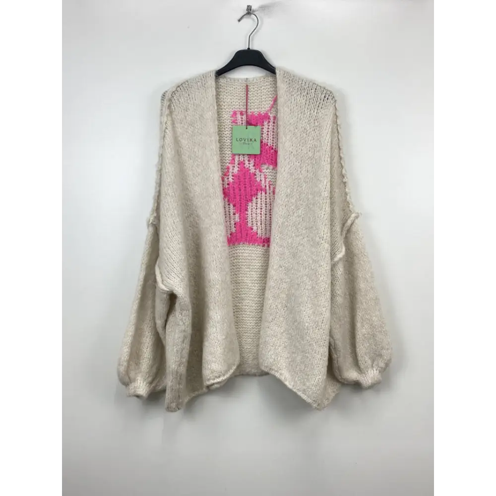 Gilet beige cerise rose - Gilet over size Beige Cerise Rose avec Motifs Fuchsia