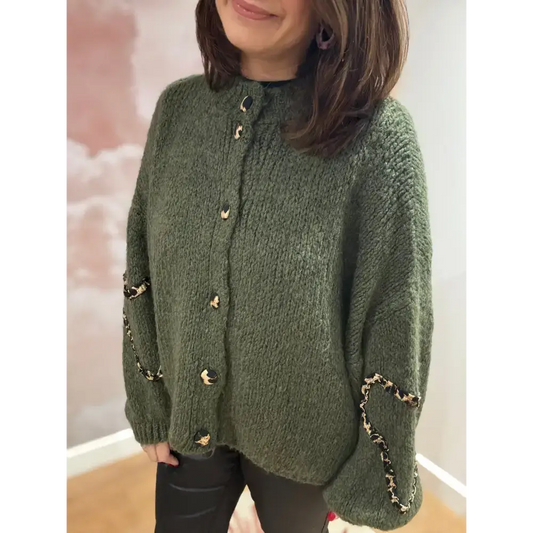 Gilet kaki maille cœur léopard - pull Gilet Kaki Maille Cœur Léopard Chic et Unique