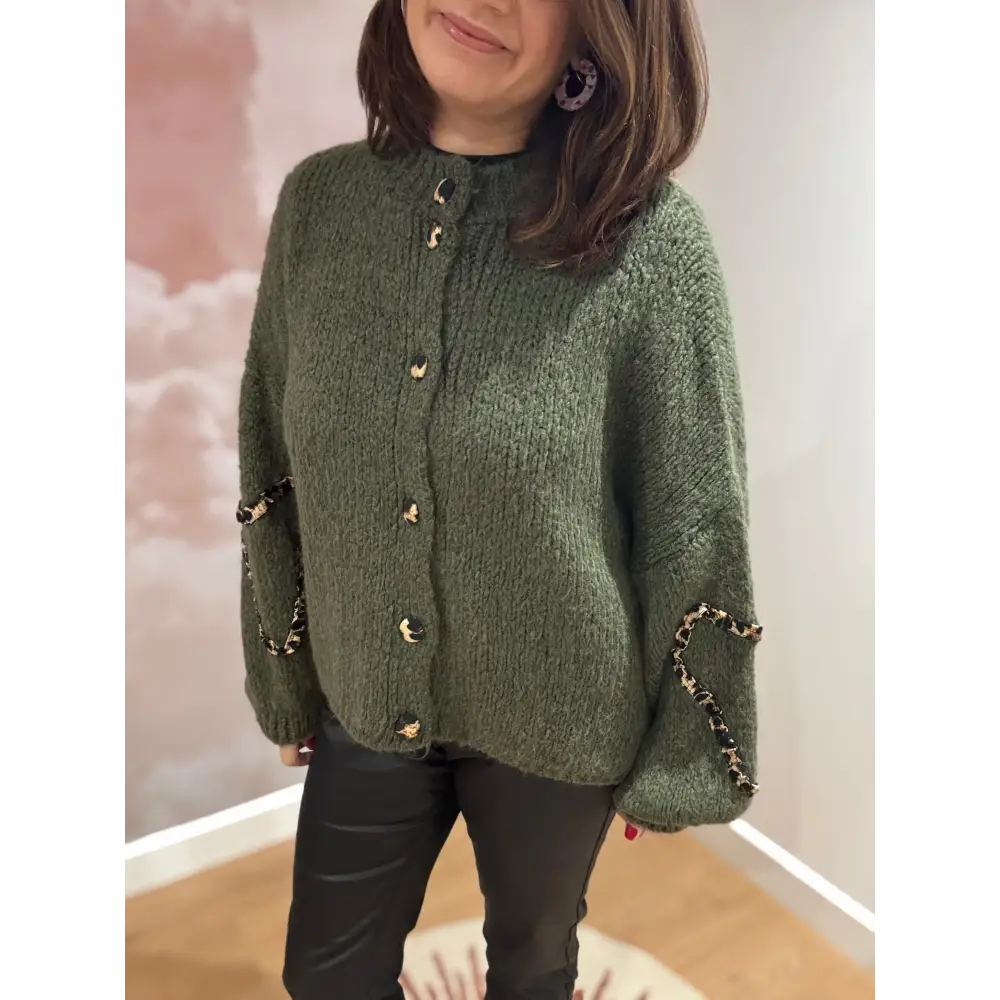 Gilet kaki maille cœur léopard - pull Gilet Kaki Maille Cœur Léopard Chic et Unique