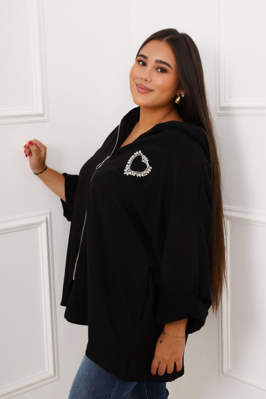 Veste zippée cœur strass pour femme pulpeuse