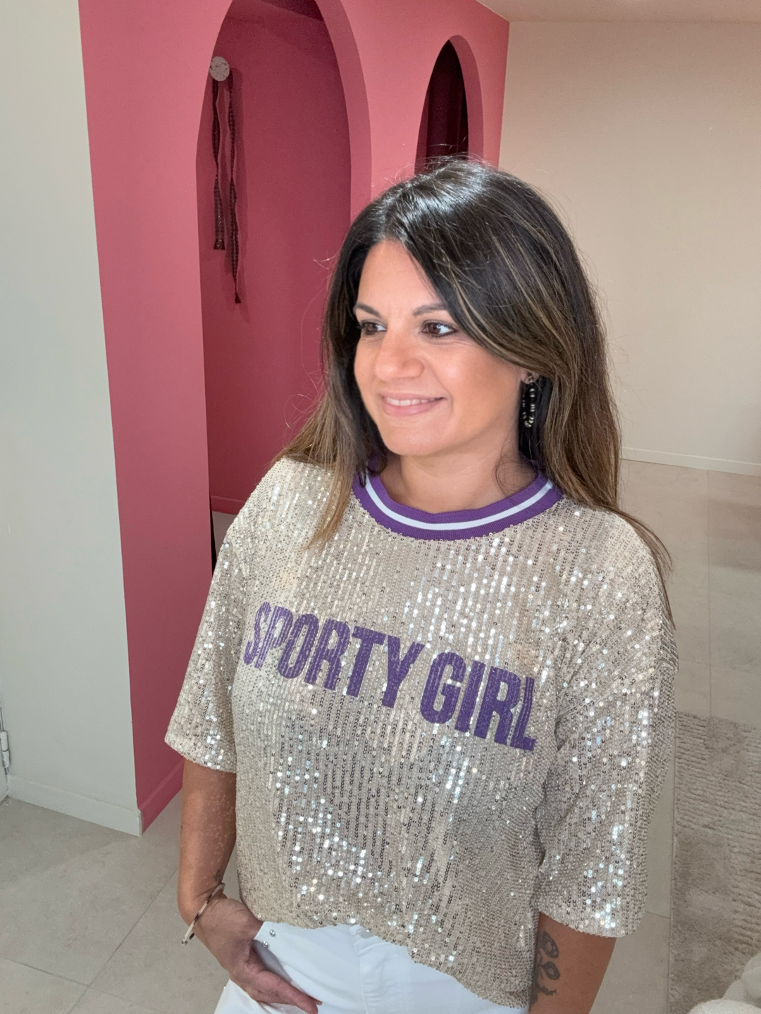 TOP PAILLETTES ÉCRU SPORTY GIRL