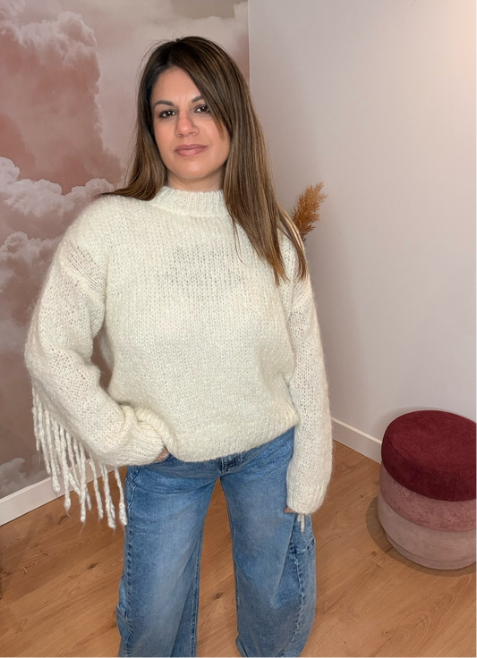 PULL LAINE FRANGES ÉCRU
