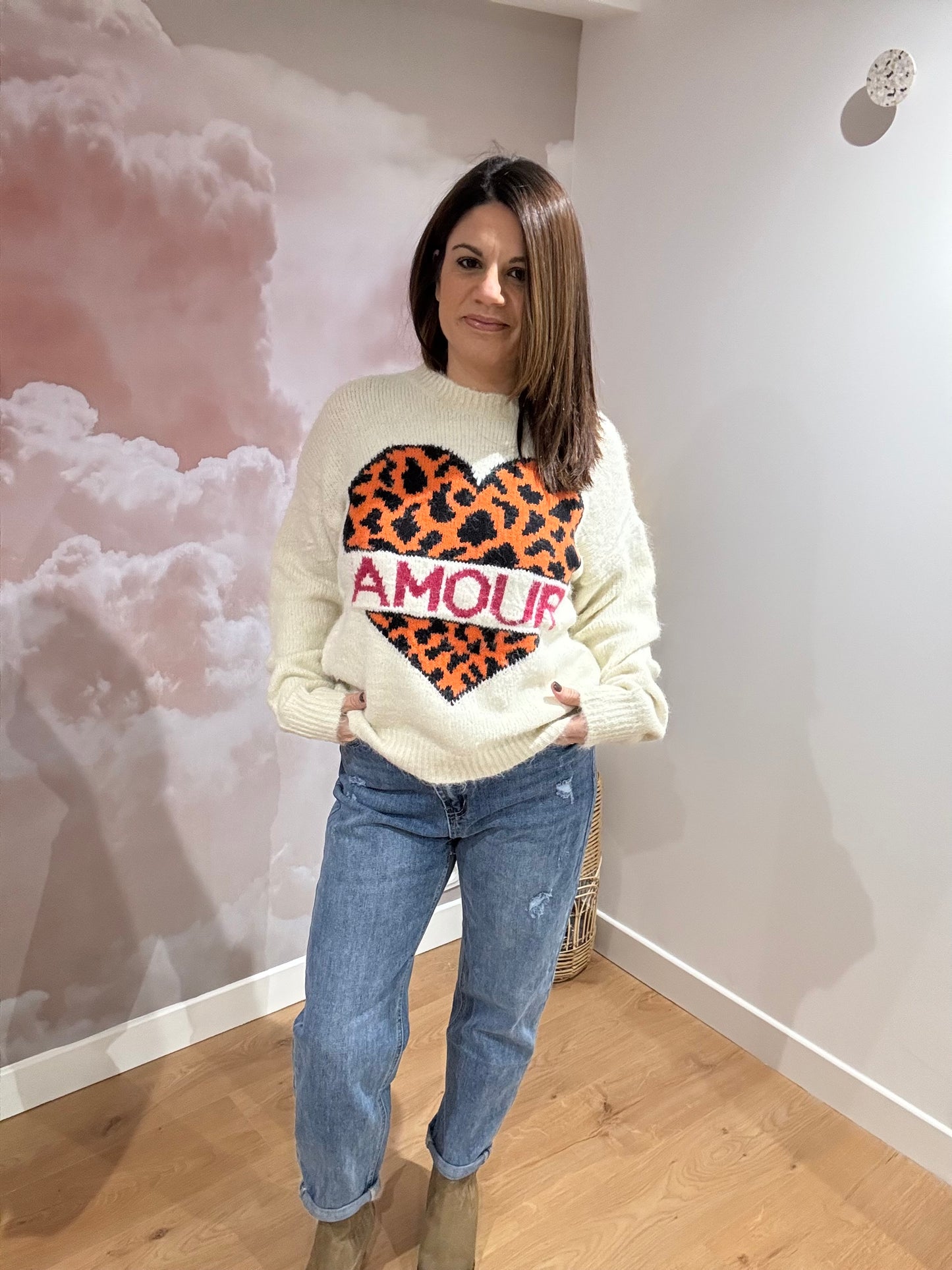 PULL MOTIF LEOPARD AMOUR EN LAINE