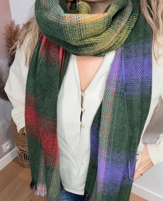 ECHARPE CARREAUX KAKI VIOLETTE