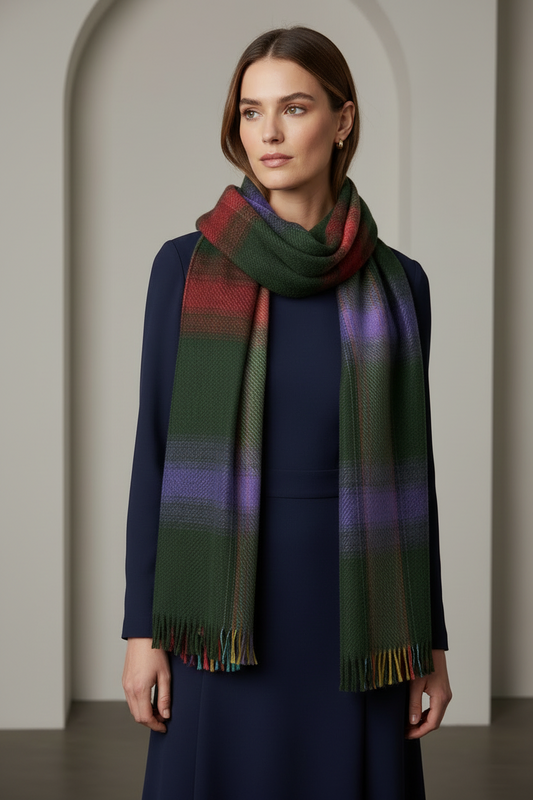 ECHARPE CARREAUX KAKI VIOLETTE
