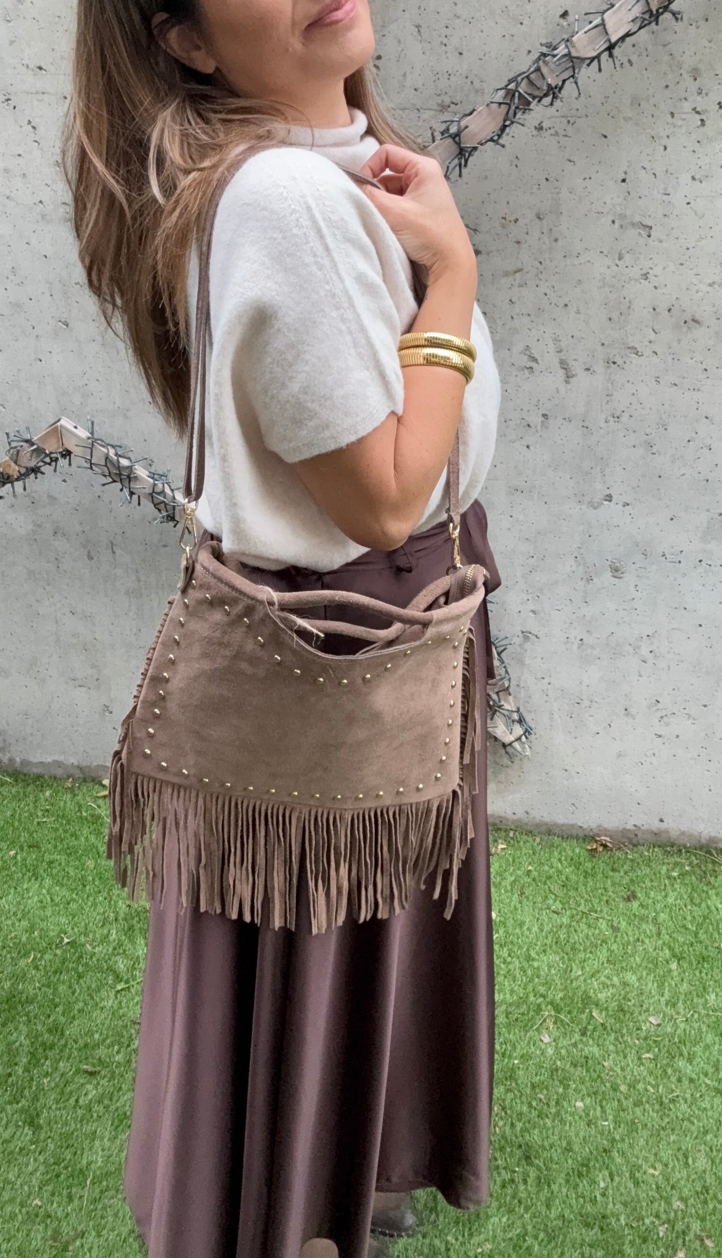 SAC  FRANGES TAUPE