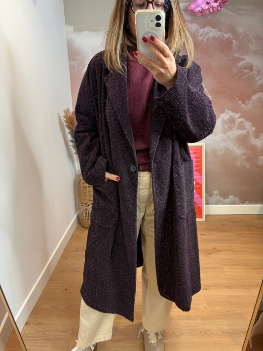MANTEAU LONG PRUNE LEOPARD