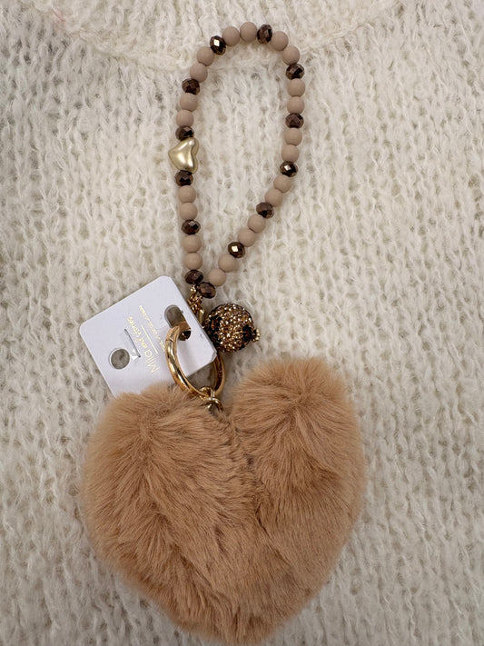 PORTE CLEFS FOURRURE COEUR BEIGE