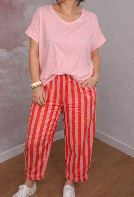 PANTALON RAYÉ ROSE ET ROUGE