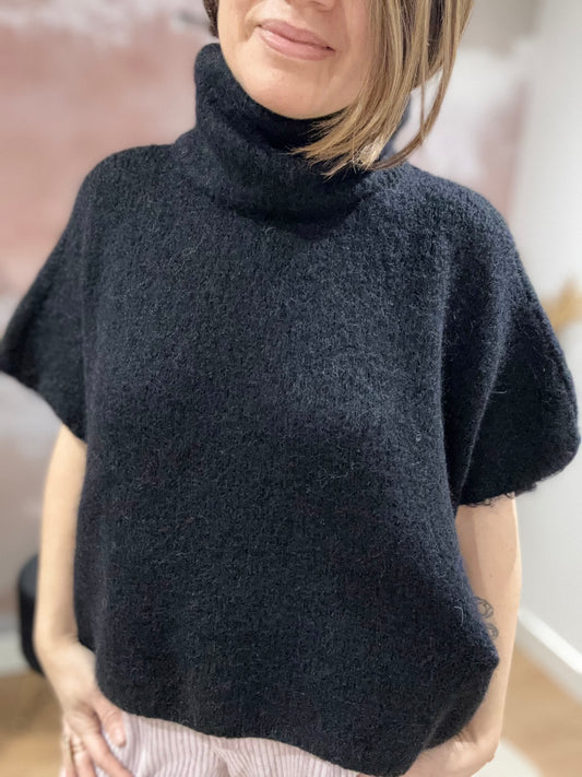 PULL MANCHES COURTES COL ROULE NOIR