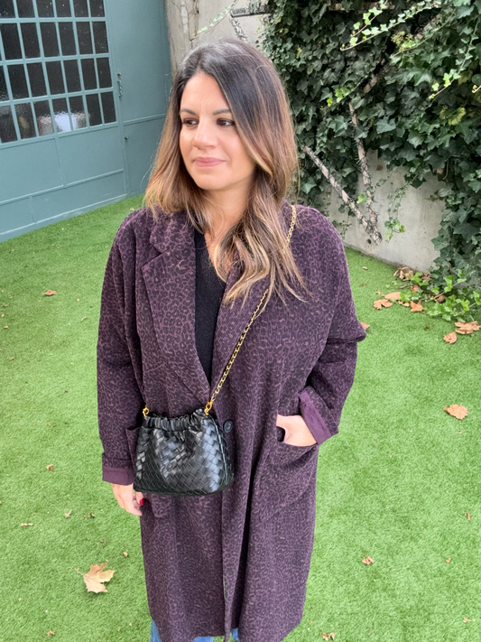 MANTEAU LONG PRUNE LEOPARD