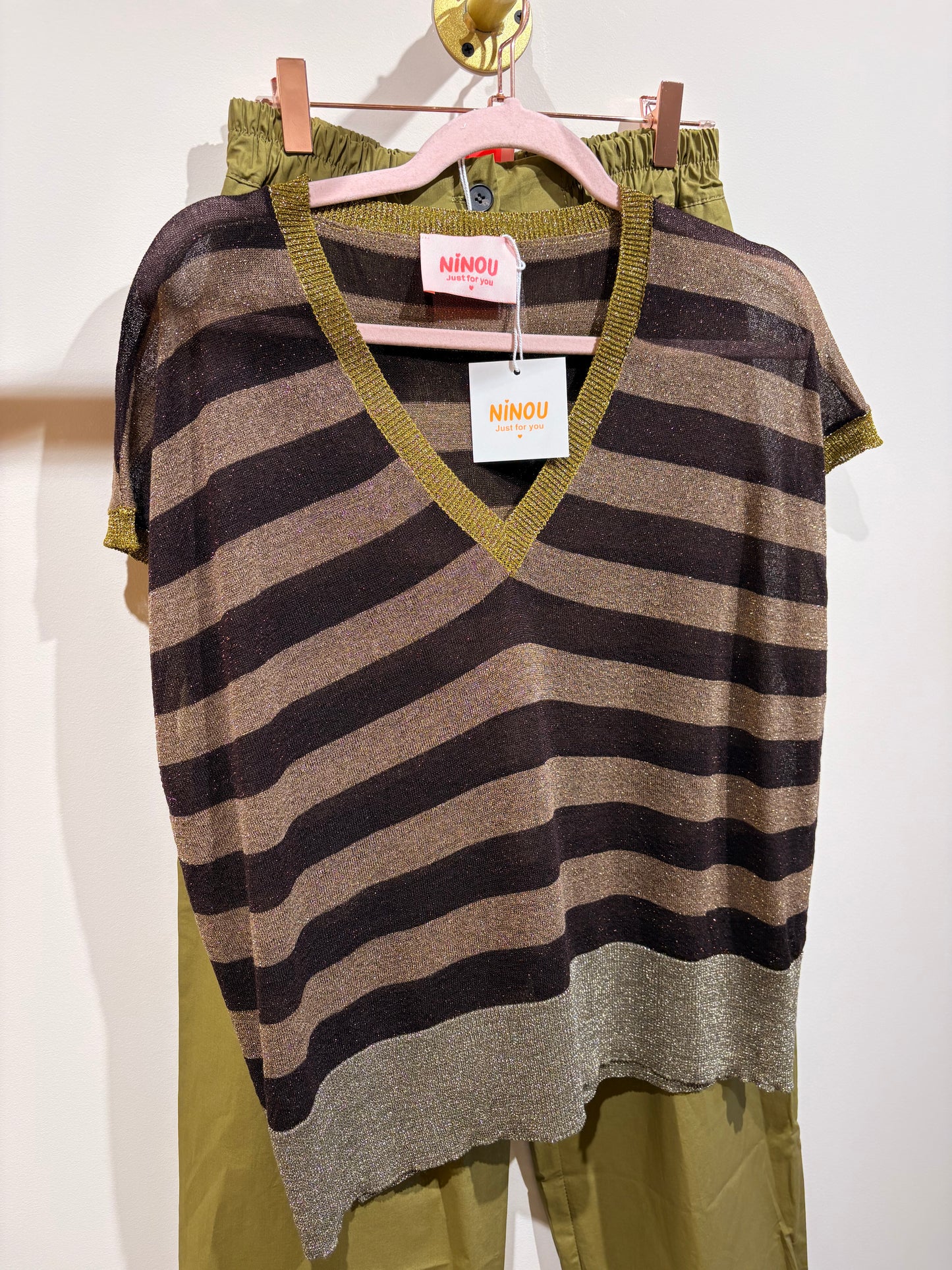 TOP RAYURES EN LUREX BEIGE ET KAKI