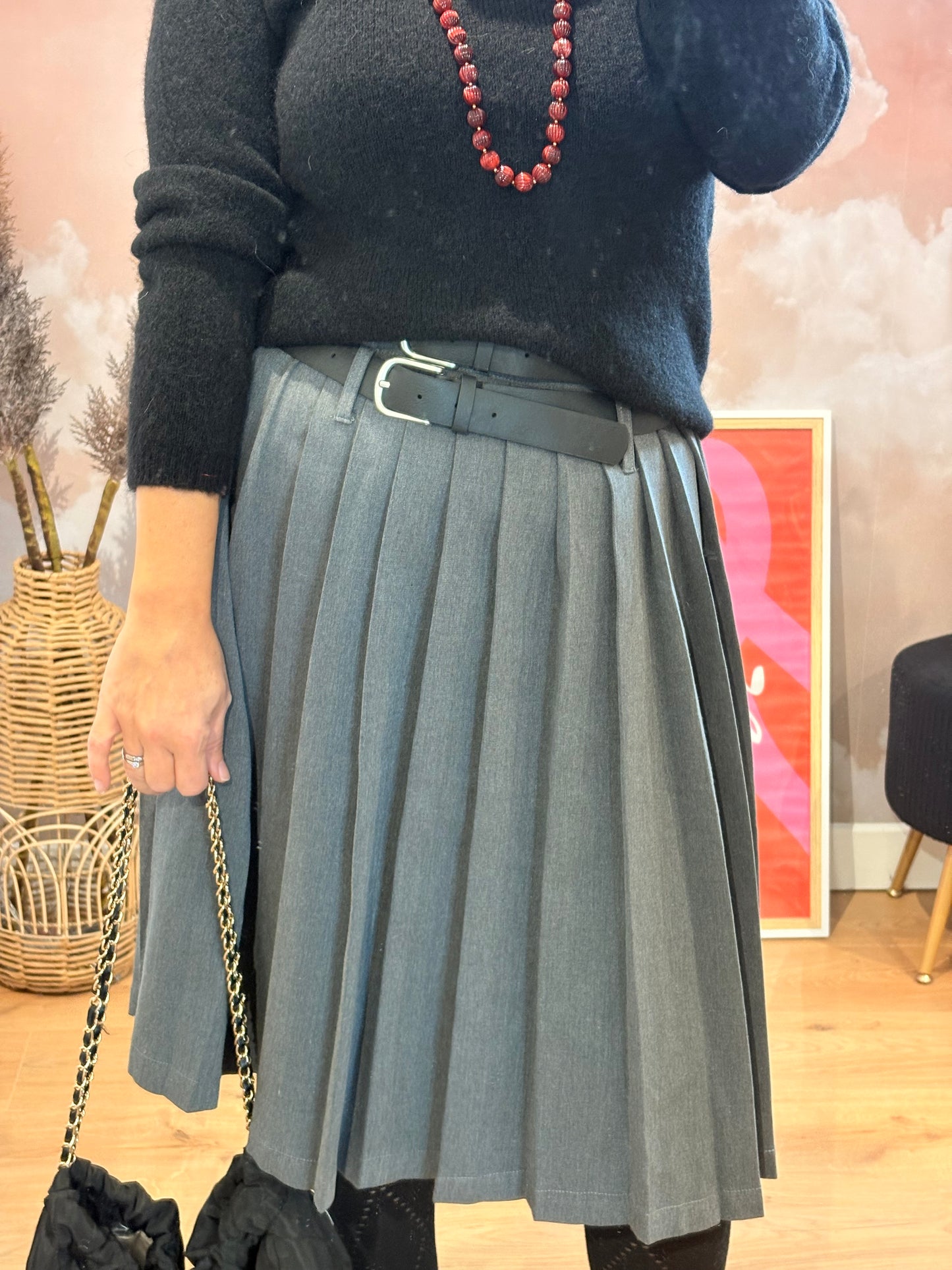 JUPE MIDI PLISSEE GRISE