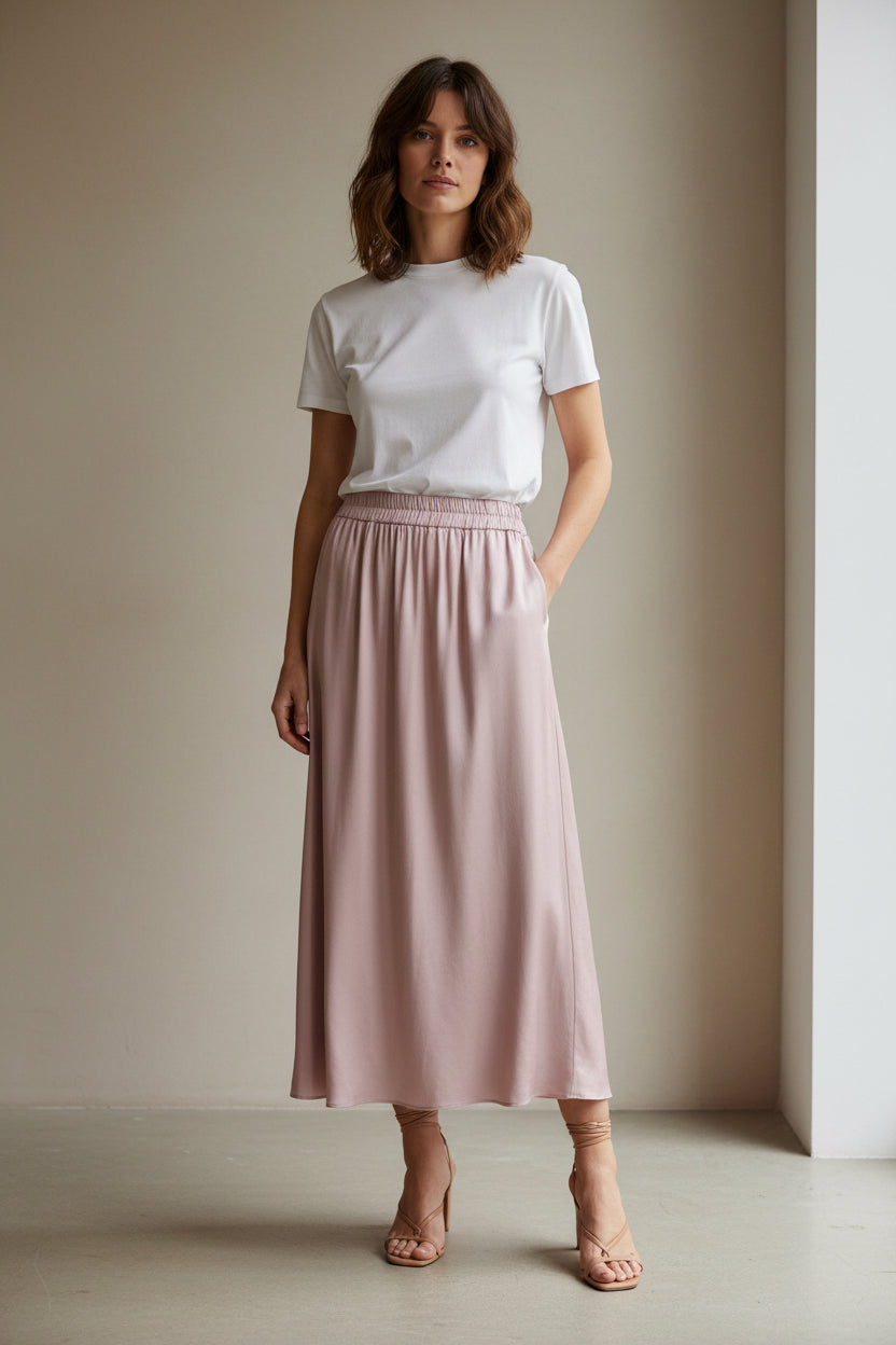 JUPE LONGUE SATIN ROSE