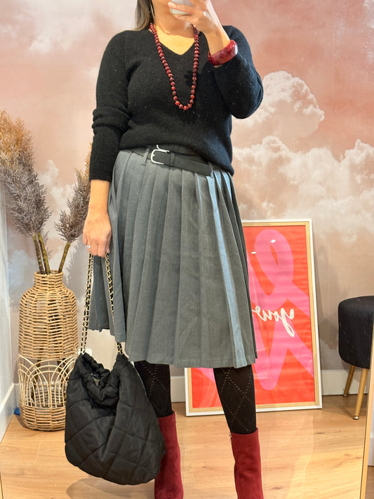 JUPE MIDI PLISSEE GRISE