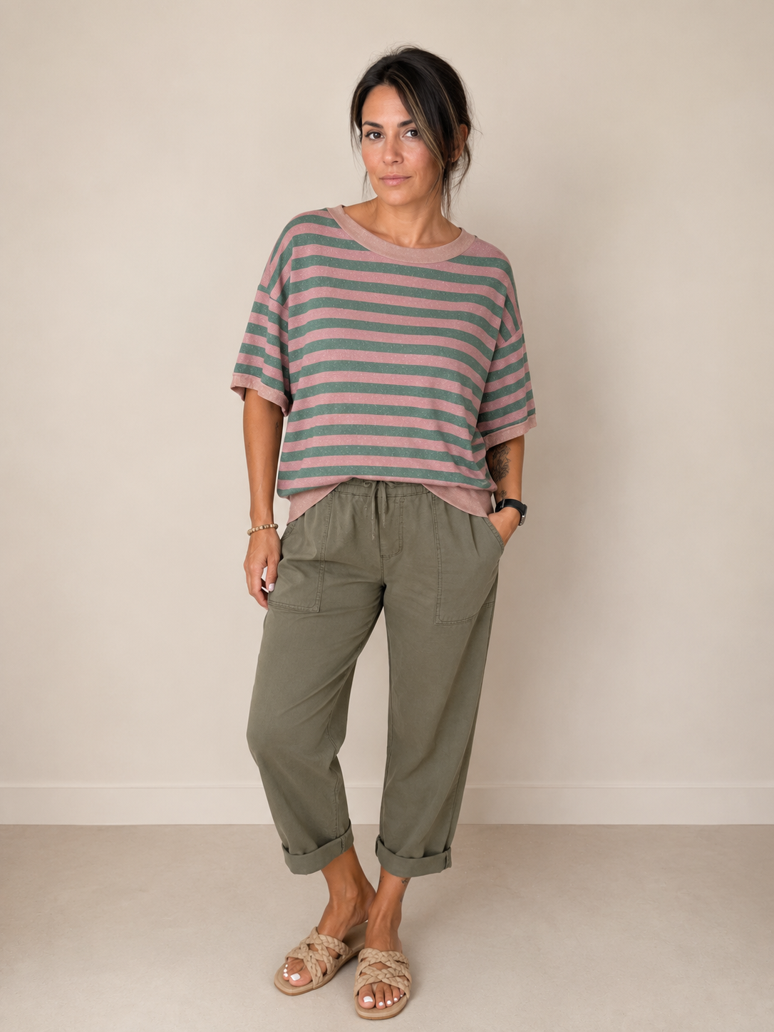 TOP MARINIÈRE ROSE ET KAKI PAILLETÉ