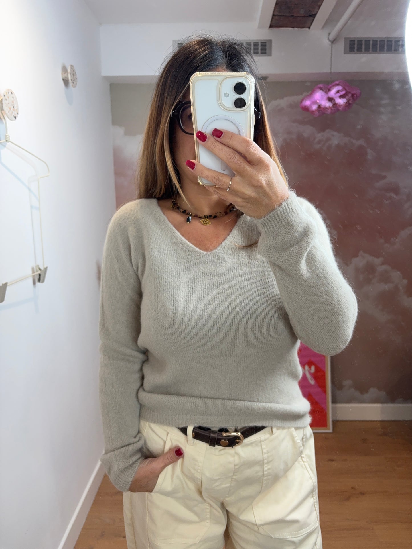 PULL COL V MANCHES LONGUES BEIGE