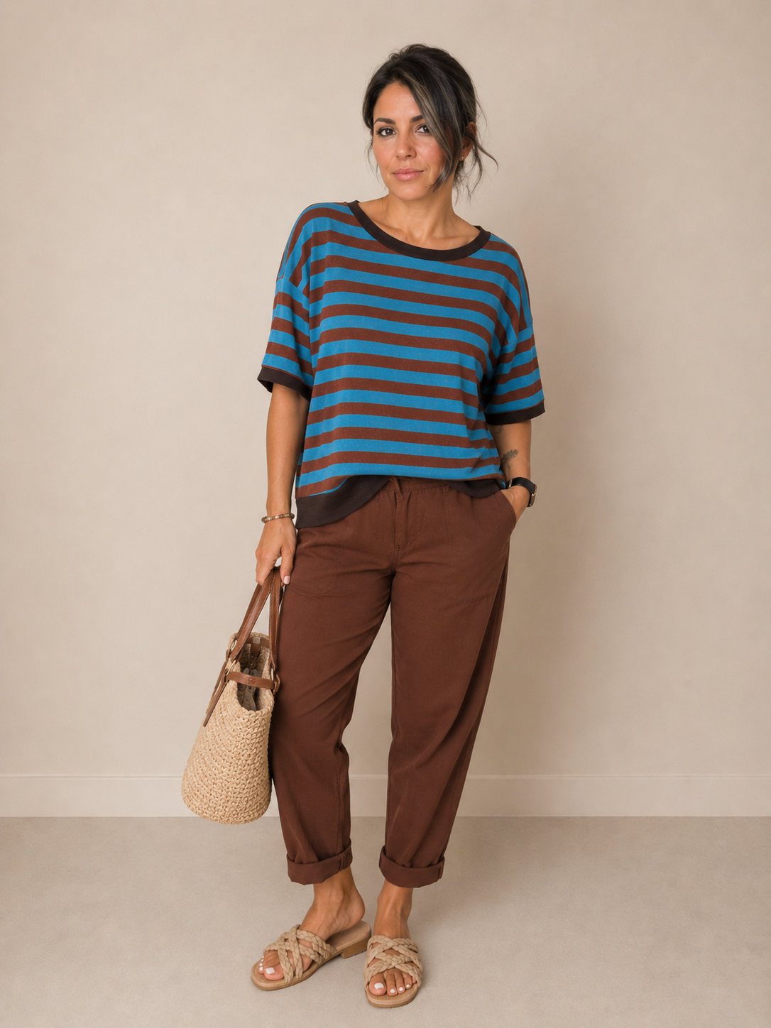 TOP MARINIÈRE TURQUOISE ET MARRON PAILLETÉ