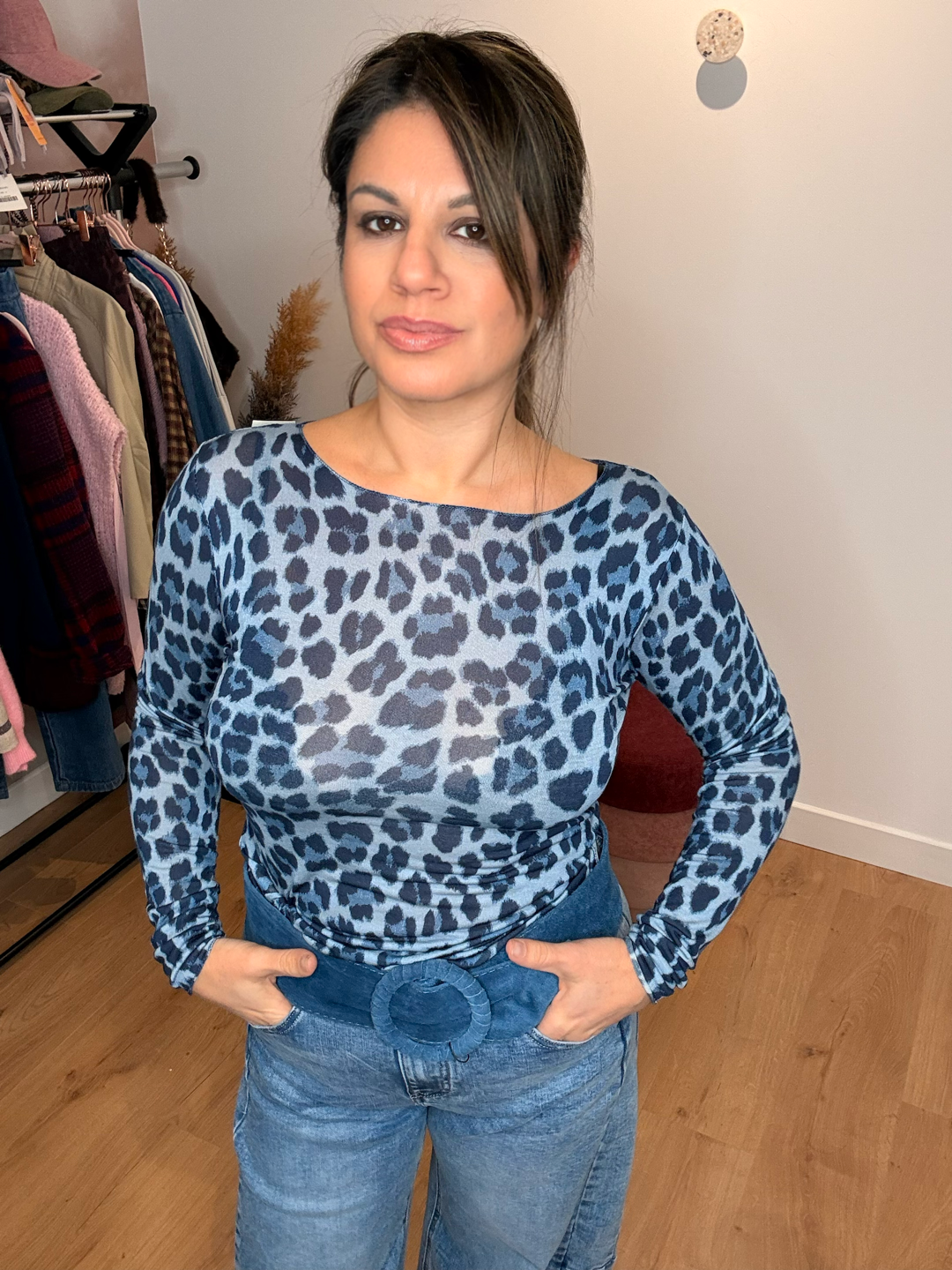 SOUS PULL CACHEMIRE LÉOPARD BLEU