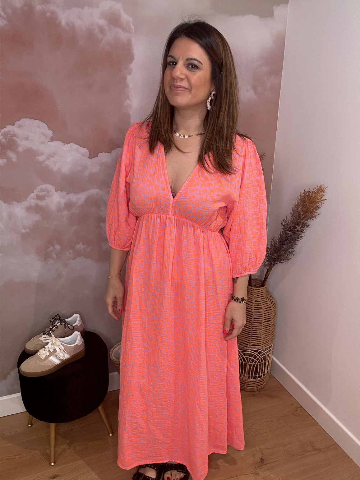 ROBE LONGUE LEOPARD CORAIL FLUO