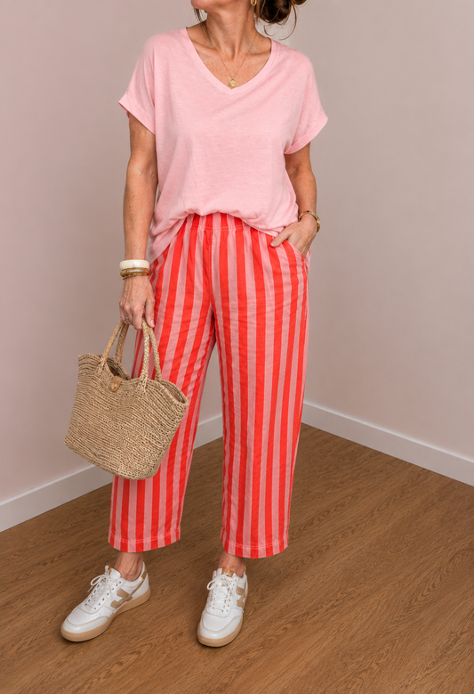 PANTALON RAYÉ ROSE ET ROUGE