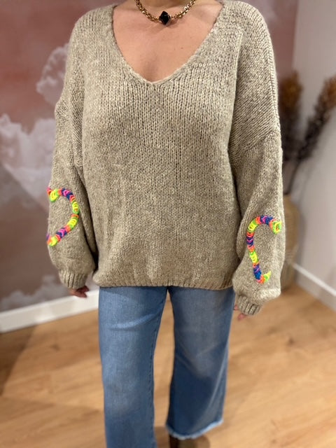PULL BEIGE COEUR MULTICOLOR