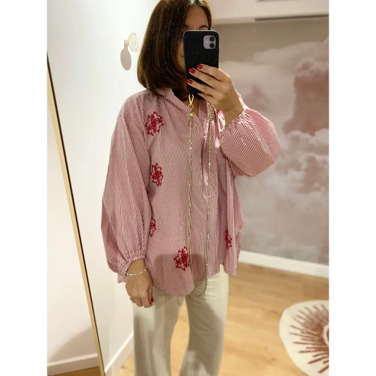 Chemise Chic 100% Coton avec Broderie et Rayures Rouges