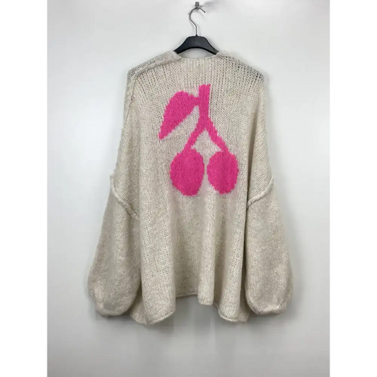 Gilet beige cerise rose - Gilet over size Beige Cerise Rose avec Motifs Fuchsia