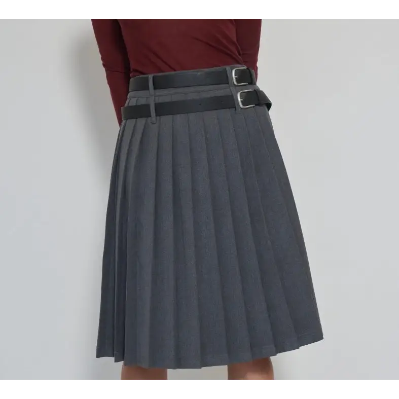 Jupe midi plissée anthracite ceinturée - S
