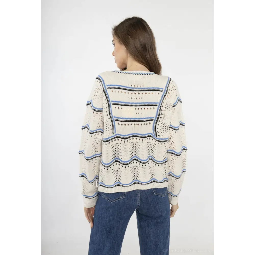 Pull en maille ajourée bleu et écru - Pull