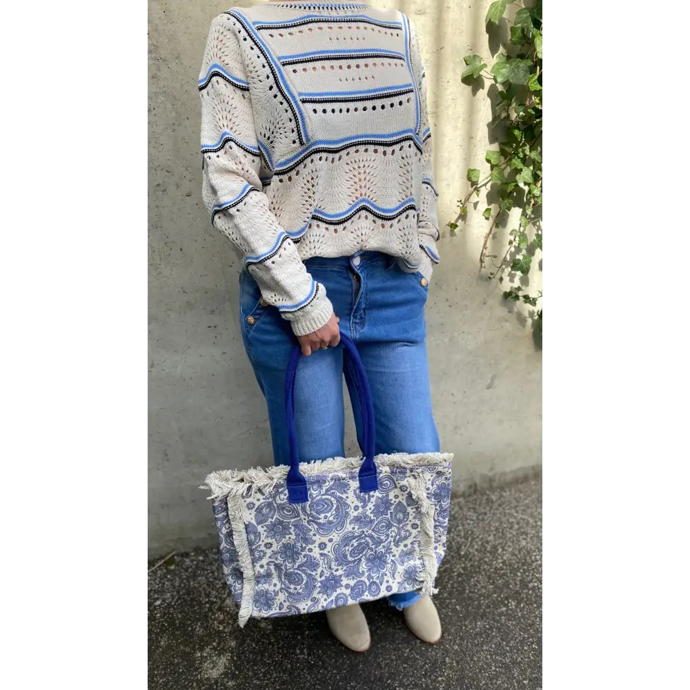 Pull en maille ajourée bleu et écru - Pull