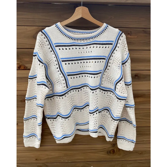 Pull en maille ajourée bleu et écru - Pull