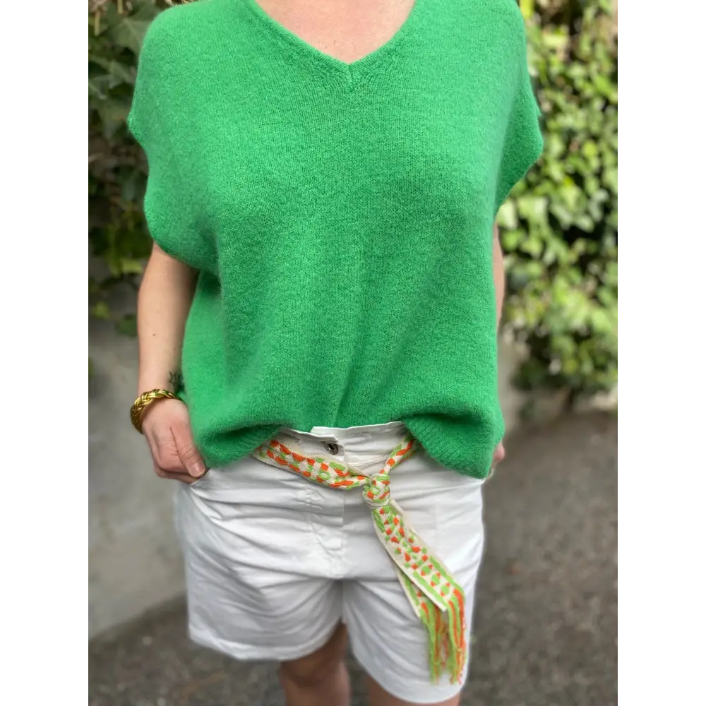 Short Blanc avec Ceinture Multicolore en Coton Élastique - Short