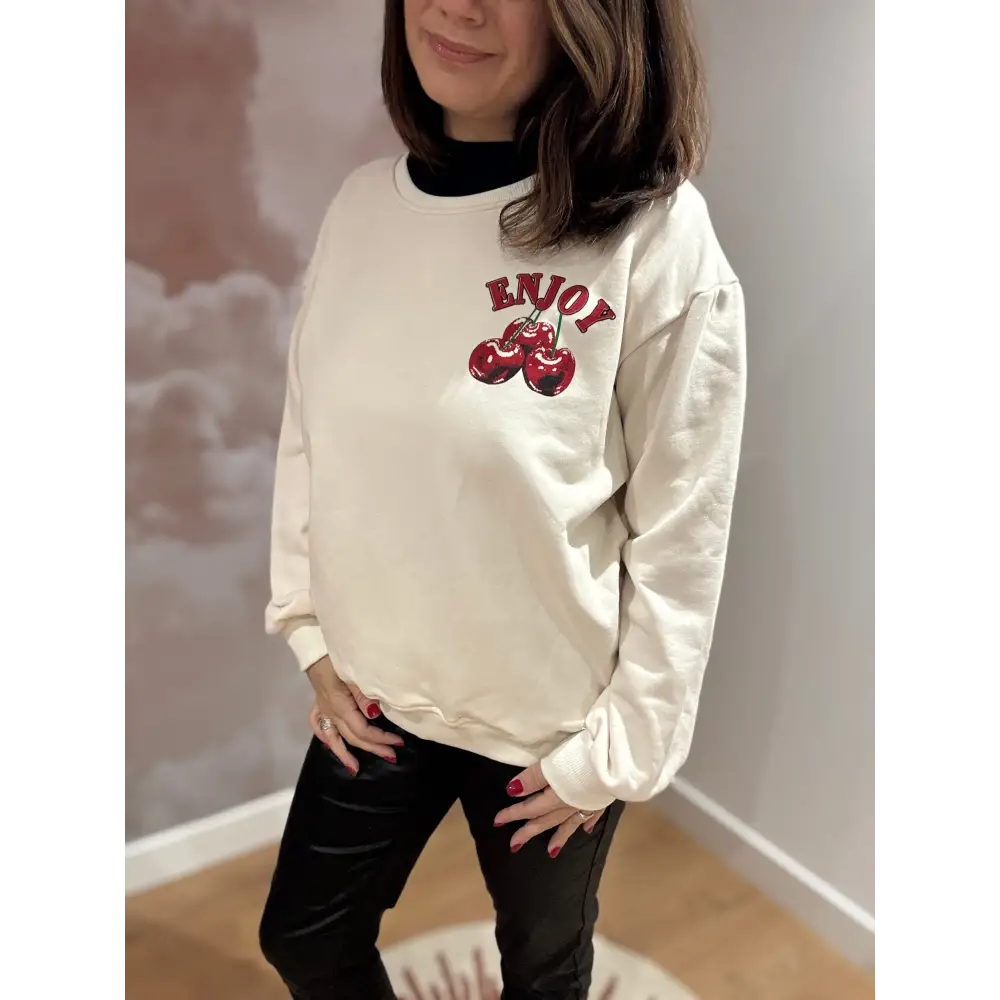 Sweat écru cerise rouge - Sweat Sweat écru cerises rouges